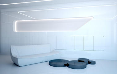 Futuristic interior of the living room. Minimalist interior design in white color. 3D illustration