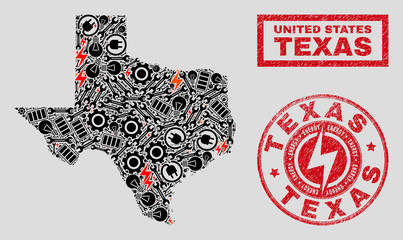 Composition of mosaic electricity Texas State map and grunge seals. Mosaic vector Texas State map is designed with gear and electricity elements. Black and red colors used.
