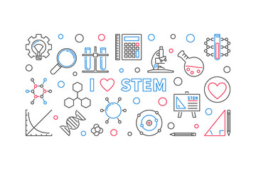 Fototapeta premium I Love STEM vector concept horizontal banner or illustration in outline style
