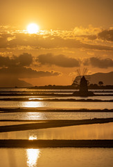 Marsala salt pans at sunset, Sicily, Italy