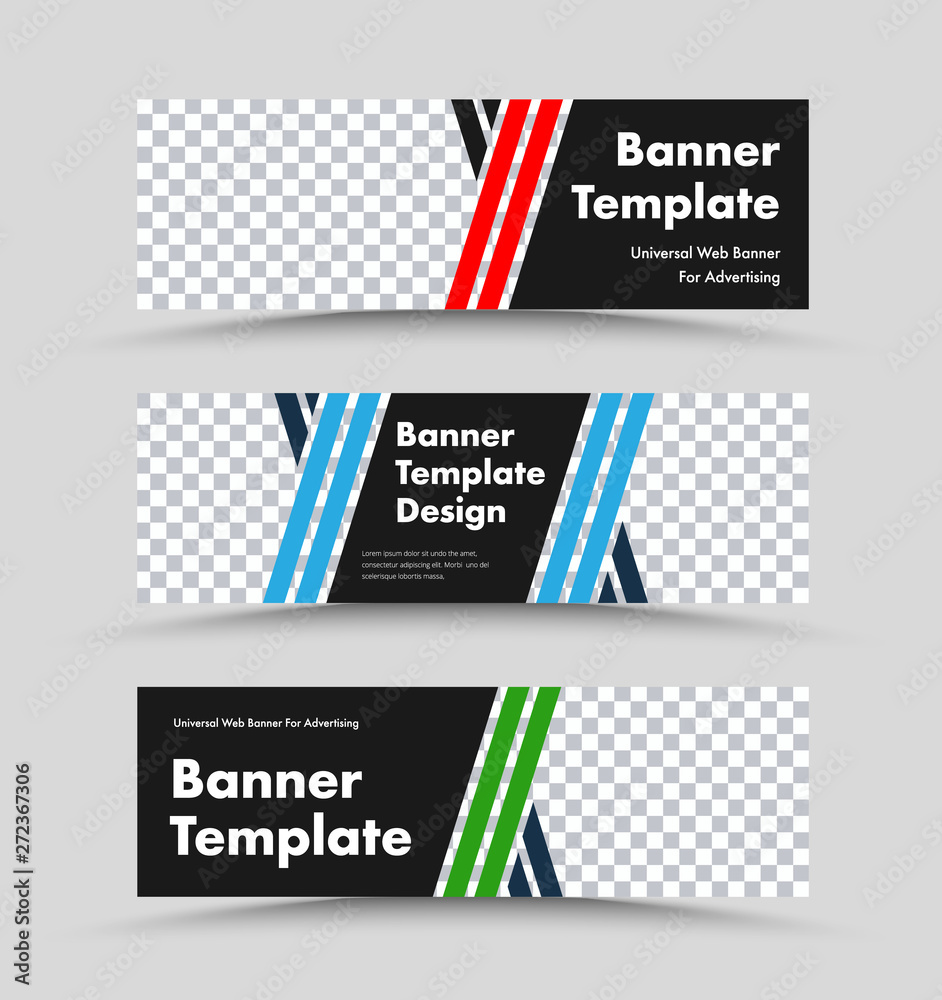 Poster Horizontal vector black web banner templates with diagonal color lines and place for photo.