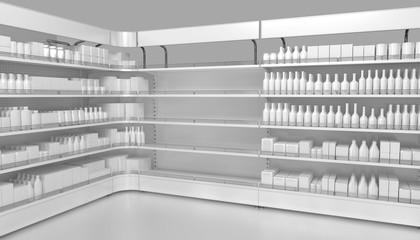 Store shelves with empty department for your goods. 3d illustration