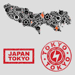 Composition of mosaic power supply Tokyo Prefecture map and grunge stamps. Mosaic vector Tokyo Prefecture map is created with workshop and electricity icons. Black and red colors used.