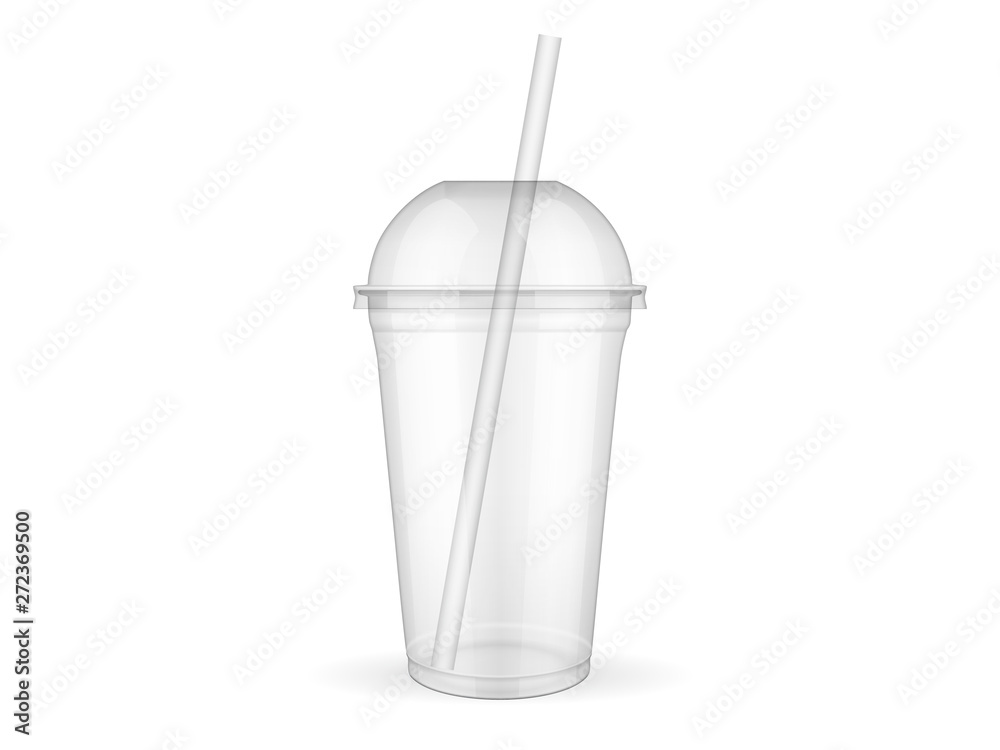 Wall mural Empty transparent plastic cup with straw on white background  mock up