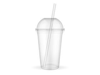 Empty transparent plastic cup with straw on white background  mock up