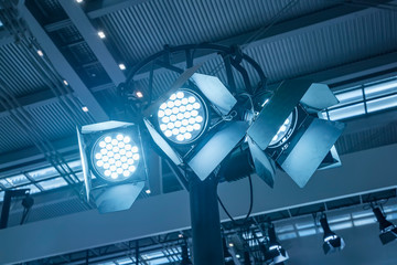 spotlight system in the metal frame of the exhibition hall.