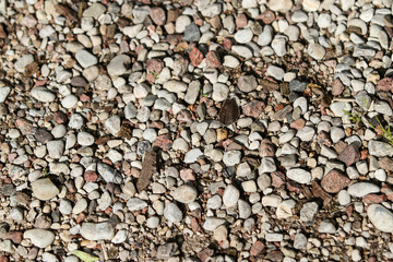 Background type view of small rocks on a pavement road. 