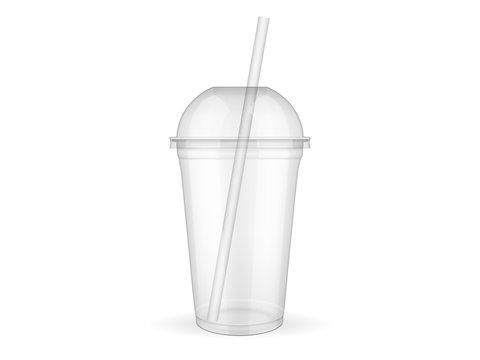 Empty transparent plastic cup with straw on white background mock up Stock  Illustration