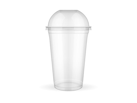 Empty transparent plastic cup  on white background  mock up