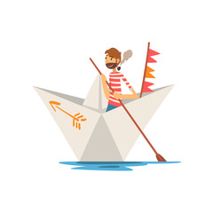 Man Sailor with Tobacco Pipe Boating on River, Lake or Pond in Paper Boat Vector Illustration