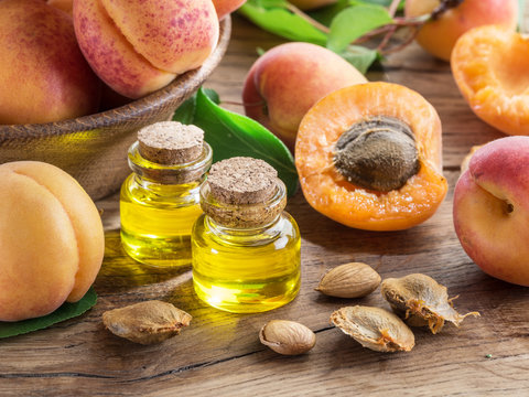 Apricot kernel oil and apricot kernels on wooden background.