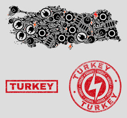 Composition of mosaic power supply Turkey map and grunge stamp seals. Collage vector Turkey map is designed with repair and energy symbols. Black and red colors used.