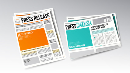 Newspaper Press Release With Headline Set Vector. Colorful Bright Design Template Of Release Daily Information And Article. Printed Breaking News Publication Realistic 3d Illustration