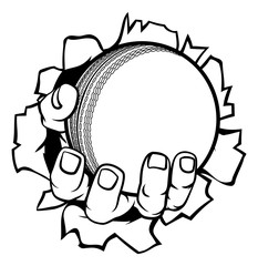 A strong hand holding a cricket ball tearing through the background. Sports graphic