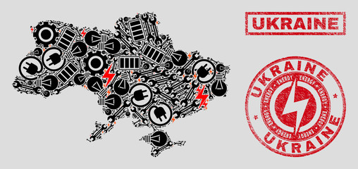 Composition of mosaic power supply Ukraine map and grunge stamps. Mosaic vector Ukraine map is designed with equipment and electric elements. Black and red colors used.