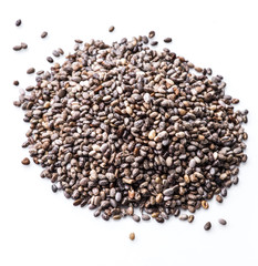 Heap of Chia seeds isolated on white background. Top view.