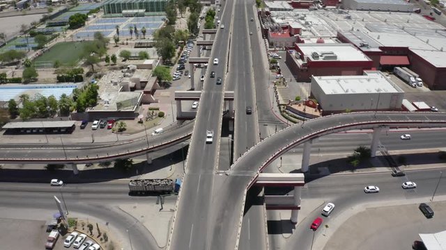 Aerial shot of traffic moving in small town