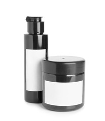 Different shampoo on white background