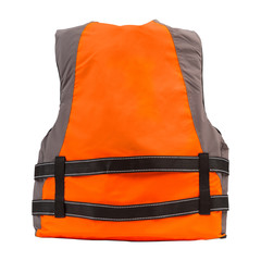 orange life jacket on white background, view from the back, water safety concept