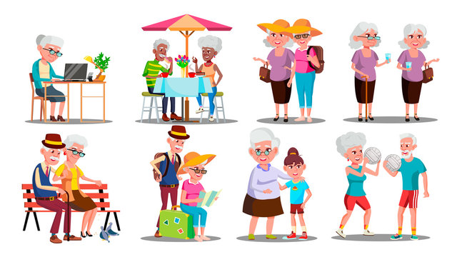Happy Older Character Grandparents Set Vector. Collection Of Older Person. Man And Woman Play Volleyball And Travel, Sitting On Bench And Cafe, Working On Laptop And Walk. Flat Cartoon Illustration