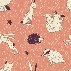 Autumn Forest animals seamless vector pattern. Hedgehog Squirrel Hare Fox Badger woody creatures repeatable background. Woodland childish print in Scandinavian decorative style. Cute forest graphics