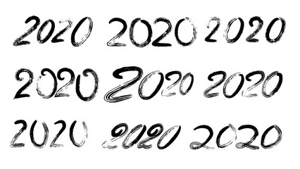 Different Funny Calligraphy Ink Of 2020 Vector. Stylish Typography Inscription Types With Handwritten Drawn Number 2020 Two Thousand Twenty Elegance Decoration. New Year Collection Flat Illustration