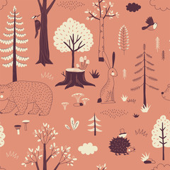 Autumn Forest seamless vector pattern. Woody landscape with Hedgehog Bear Hare creatures repeatable background. Woodland childish print in Scandinavian decorative style. Cute forest animal backdrop.