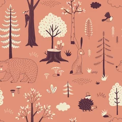 Wallpaper murals Forest animals Autumn Forest seamless vector pattern. Woody landscape with Hedgehog Bear Hare creatures repeatable background. Woodland childish print in Scandinavian decorative style. Cute forest animal backdrop.