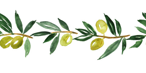Watercolor olive branches. Seamless horizontal pattern