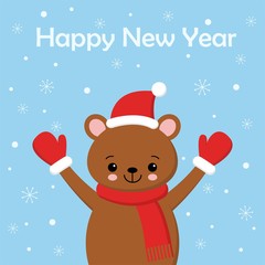 Greeting card with cute bear, snow and Happy New Year text, cartoon vector illustration.