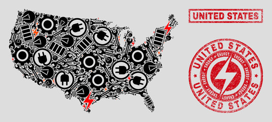 Composition of mosaic power supply United States map and grunge stamp seals. Mosaic vector United States map is composed with gear and bulb elements. Black and red colors used.