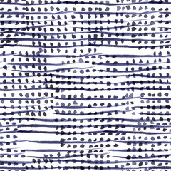 Abstract navy blue stripes and dots. Seamless watercolor pattern - 272372956