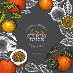 Orange fruit design template. Hand drawn vector fruit illustration on dark background. Engraved style vintage citrus background.