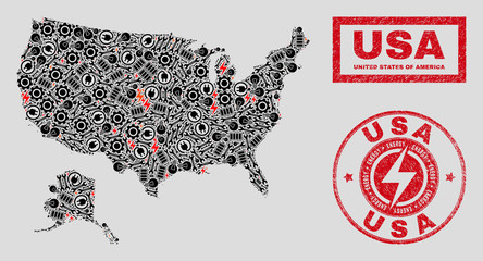 Composition of mosaic power supply USA with Alaska map and grunge stamp seals. Mosaic vector USA with Alaska map is created with gear and energy elements. Black and red colors used.
