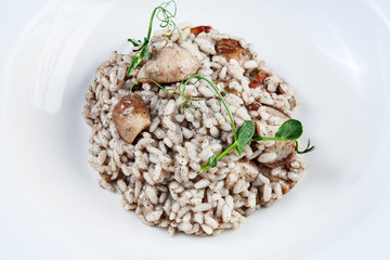 Close up risotto with porcini mushrooms and truffle pasta in white bowl. Homemade italian cuisine. Healthy food with copy space. Food photo background for menu.