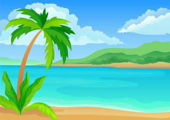 Palm tree on the sandy beach. Vector illustration on white background.