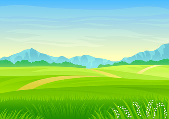 Footpath through a green meadow. Vector illustration on white background.