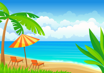 Fototapeta na wymiar Two deck chairs under an umbrella on the beach. Vector illustration on white background.