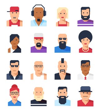 People avatars portraits. Abstract cartoon faces in flat style. Different social groups and looks. Vector illustration.