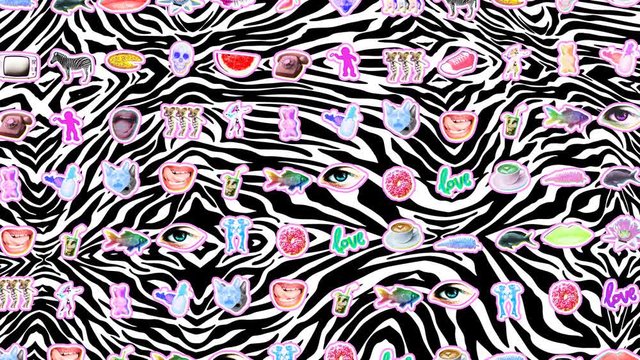 Seamless crazy animation of random printed psychedelic pictures with vibrant colors.Creative backdrop art collage with zebra animation. Contemporary art collage.