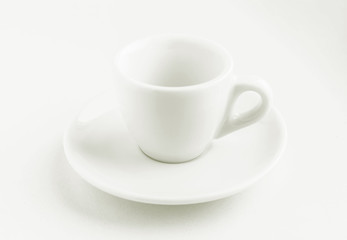 white coffee cup and saucer, empty coffee-free coffee cup, front view from above, or black coffee, on a white background