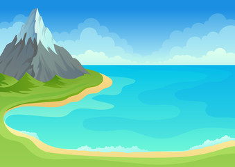 Naklejka premium Sea bay with green shore and sandy edge. Vector illustration on white background.