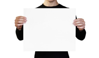 A man holding a white sheet of paper. Holding a booklet. Close up. Isolated on white background