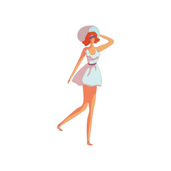 Red-haired woman walks in a summer dress. Vector illustration on white background.