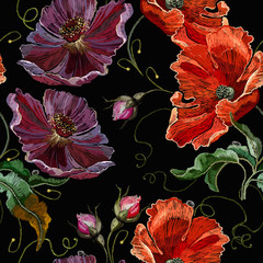 Embroidery violet flowers and red poppies seamless pattern. Summer art. Fashion template for clothes, textiles and t-shirt design