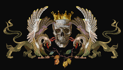 Embroidery two griffins, golden crown and skull. Medieval concept. Gothic tapestry renaissance art. Template for clothes, t-shirt design
