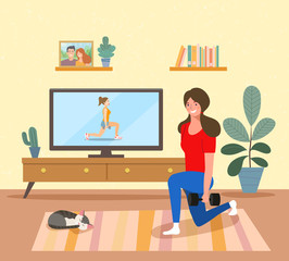 Woman training while watching fitness program home workout in the living room. Vector flat illustration