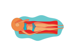Woman sunbathes lying on an inflatable mattress. Back view. Vector illustration on white background.