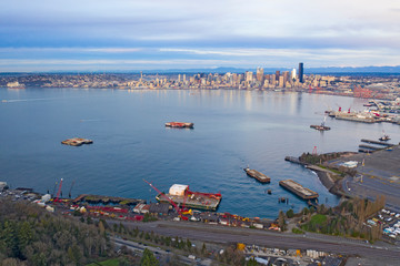 West Seattle View Looking Towards Downtown Skyline Across Elliott Bay Industrial Shipping Area