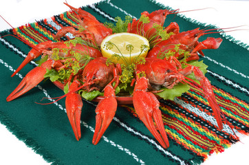 Boiled  red crayfish in a plate of spices, lemon